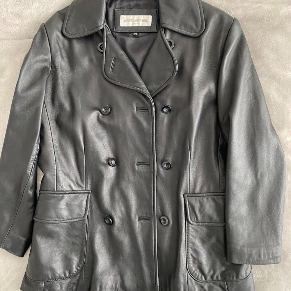 Sophisticated Double Breasted Leather Coat from Jones New York